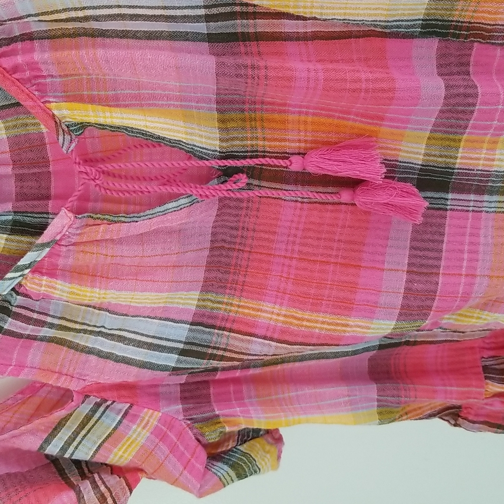 Pink Plaid Madras Open Shoulder Short Sleeved Bohemian Top with Tassel Ties - Picture 2 of 9